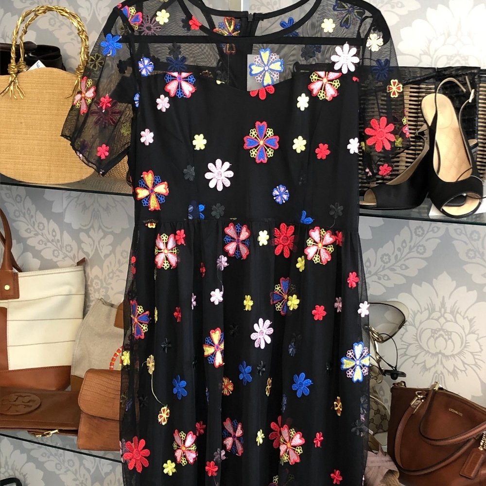 MULTIFLORA Black Mesh Overlay Floral Emb. Dress